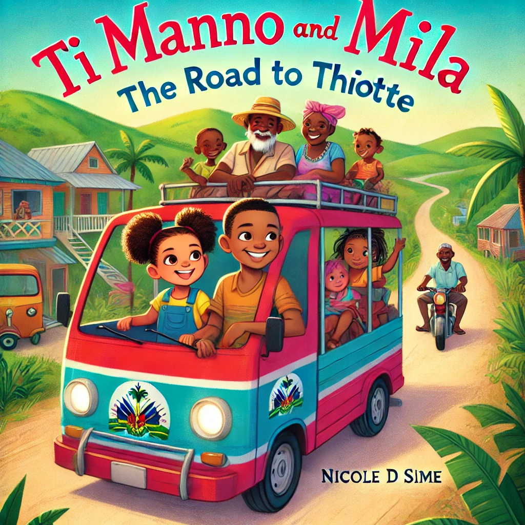 DALL·E 2025-03-26 00.02.31 - A children's book cover illustration for the title_ 'Ti Manno and Mila_ The Road to Thiotte'. The cover shows two children, Ti Manno (a cheerful young